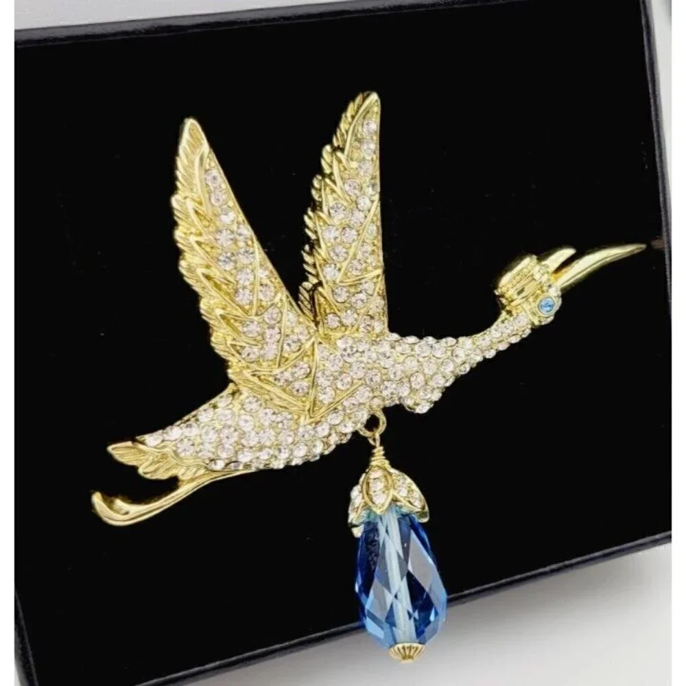 Heidi Daus Special Delivery Crystal Stork Brooch Gold Tone Blue